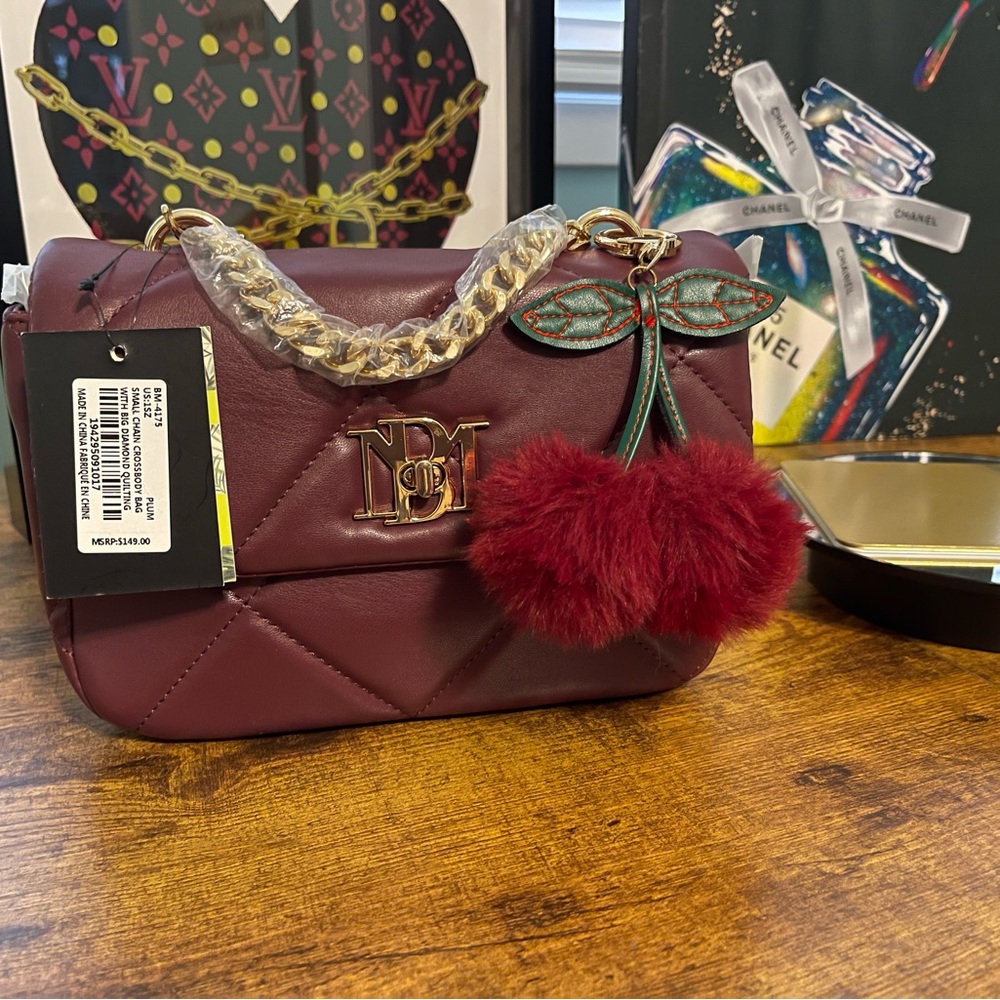 Badgley Mischka Burgundy Quilted Women's Bag with chain straps.